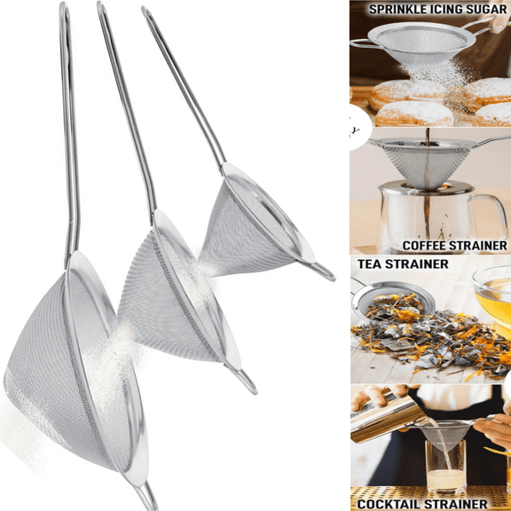 3 Sizes Cone Strainer for Kitchen 3", 4" & 5.5", Baking Tools Colander, Flour Sifter, Food Strainer Tea Strainer Coffee Strainer with Long Handle