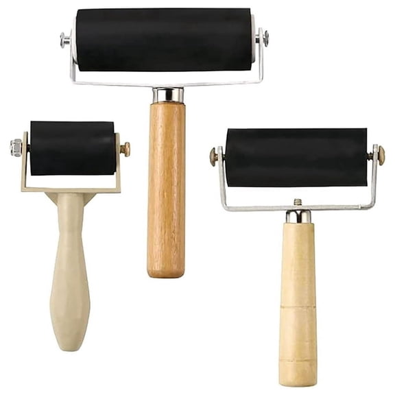 3 Sizes Hard Rubber Brayer Roller Set 1.4/2.4/4 Inch, Solid Wood & Plastic Handle Art Craft Ink Roller for Printmaking Stamping Gluing Wallpaper DIY Craft