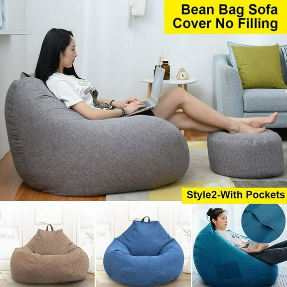3 Sizes Large Bean Bag Sofa Cover with Pockets Lounger Chair Sofa Living Room Furniture Beanbag Bed for Adults Kids Just Cover No Filling