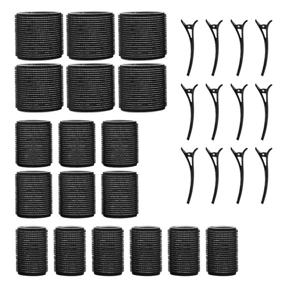3 Sizes Self-Grip Hair Rollers Set - 18 Pcs Jumbo Curlers for Long, Short Hair and Bangs (36mm, 45mm, 60mm) with 12Clips, Black