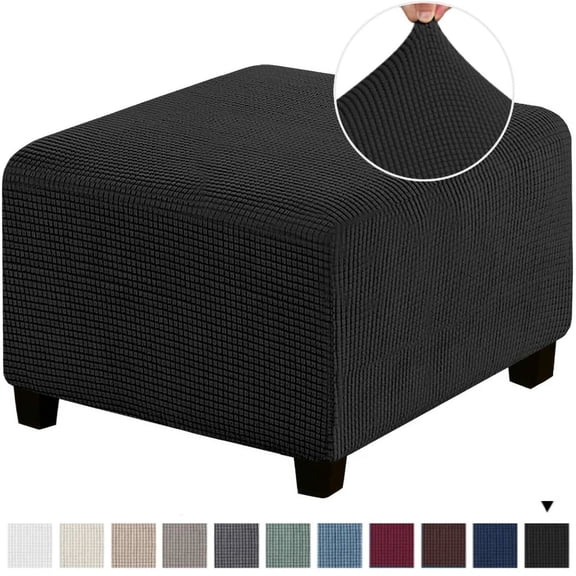3 Sizes Square Jacquard Durable Customized Stretch Footrest Ottoman Cover Folding Storage Stool Furniture Protector Slipcover (Black,M)