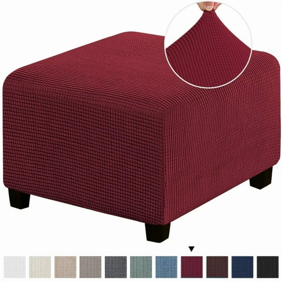 3 Sizes Square Jacquard Durable Customized Stretch Footrest Ottoman Cover Folding Storage Stool Furniture Protector Slipcover (Burgundy,M)
