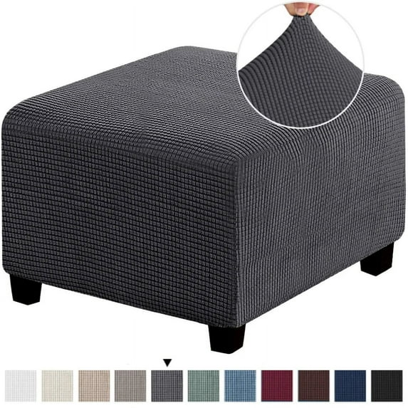 3 Sizes Square Jacquard Durable Customized Stretch Footrest Ottoman Cover Folding Storage Stool Furniture Protector Slipcover (Dark Grey,L)