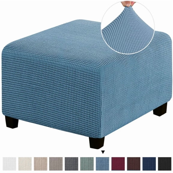 3 Sizes Square Jacquard Durable Customized Stretch Footrest Ottoman Cover Folding Storage Stool Furniture Protector Slipcover (Denim Blue,S)