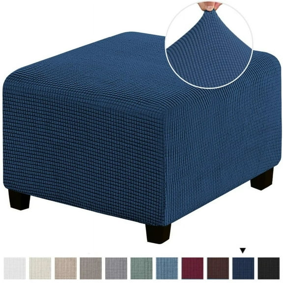 3 Sizes Square Jacquard Durable Customized Stretch Footrest Ottoman Cover Folding Storage Stool Furniture Protector Slipcover (Navy,S)