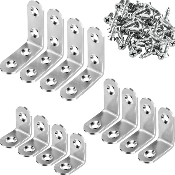 3 Sizes Stainless Steel Corner Braces L Bracket, 90 Joint Right Angle Bracket Furniture Fastener with Screws, 12 Sets