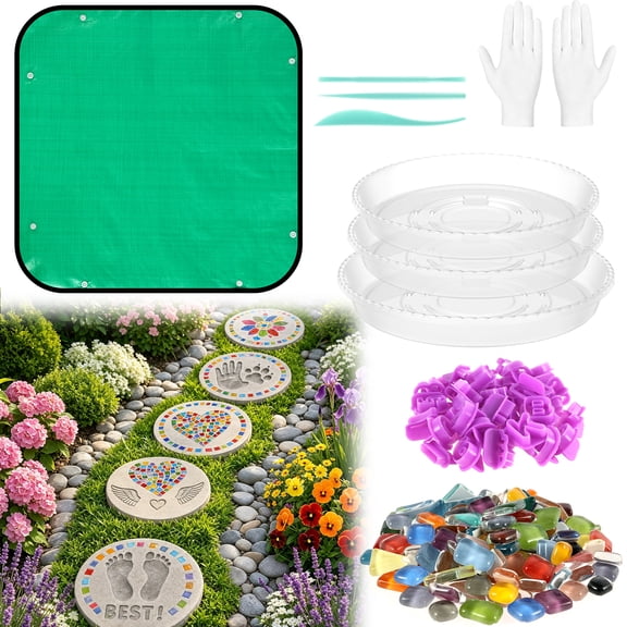 3 Sizes Stepping Stone Molds with DIY Accessories Carving Tools Stamps and Waterproof Mat, Reusable Round Mold for Patio Backyard Path Decoration