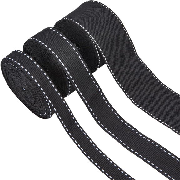 3 Sizes Stitch Edge Grosgrain Ribbon, 15 Yards Double Sided Stitched Webbing Ribbons, Black Jump Point Saddle Stitches Trim for DIY Crafts Bow Hair Headband Accessories