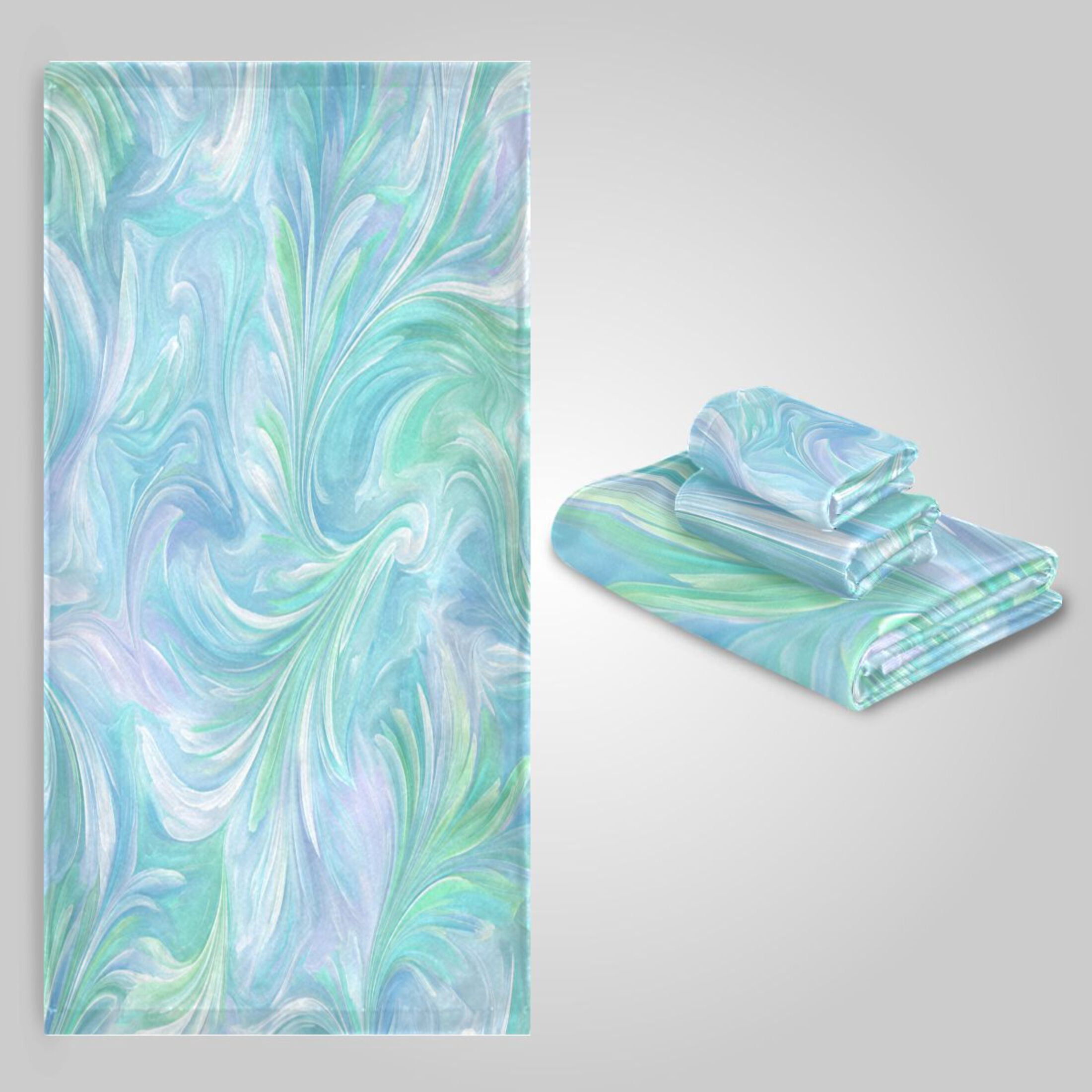 3 Sizes Towel Set - Bath Towel, Hand Towel & Washcloth for Daily Household Use Aqua Swirl Feather Design