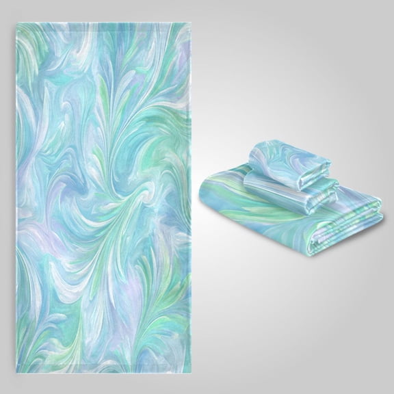 3 Sizes Towel Set - Bath Towel, Hand Towel & Washcloth for Daily Household Use Aqua Swirl Feather Design