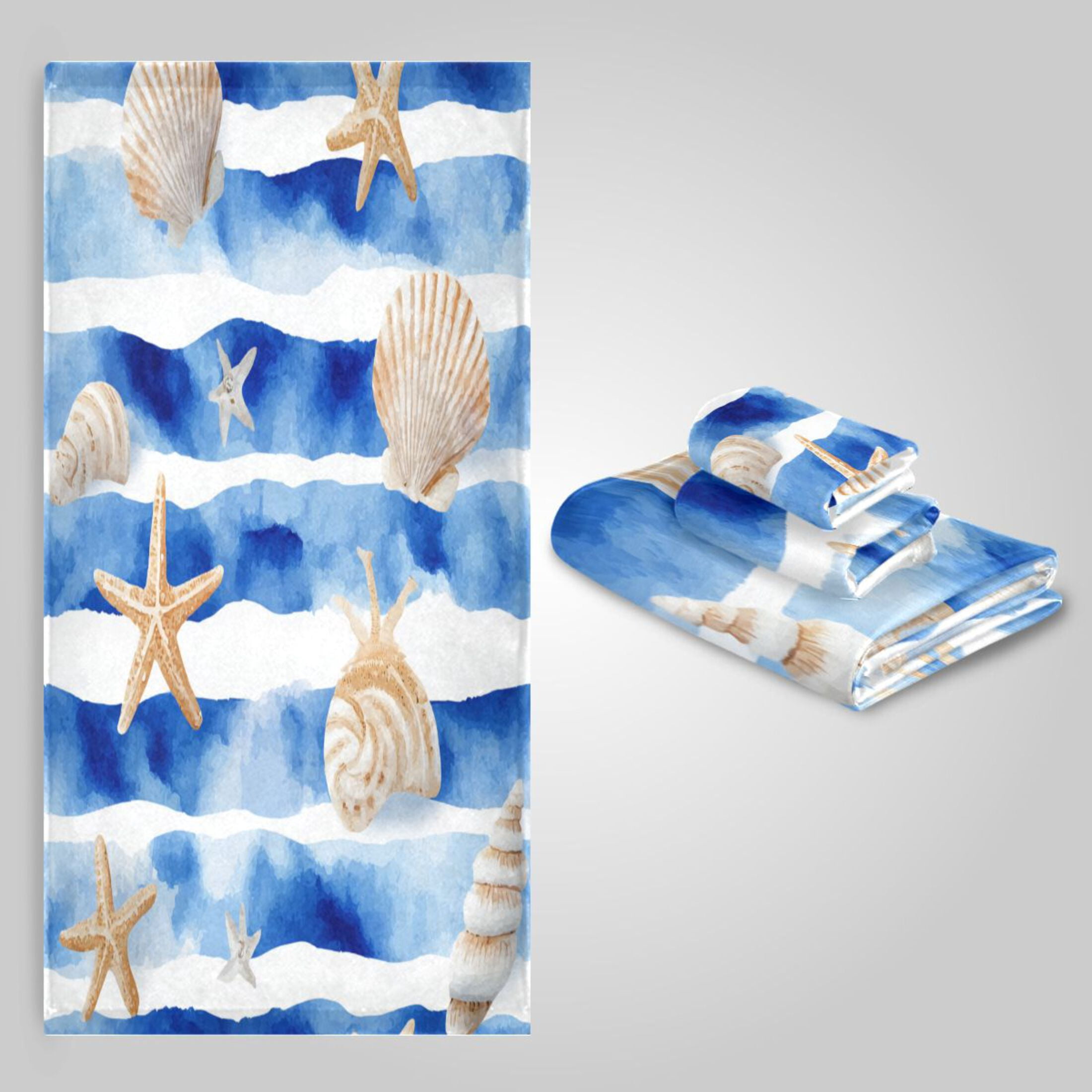 3 Sizes Towel Set - Bath Towel, Hand Towel & Washcloth for Daily Household Use Blue Nautical Stripes Pattern