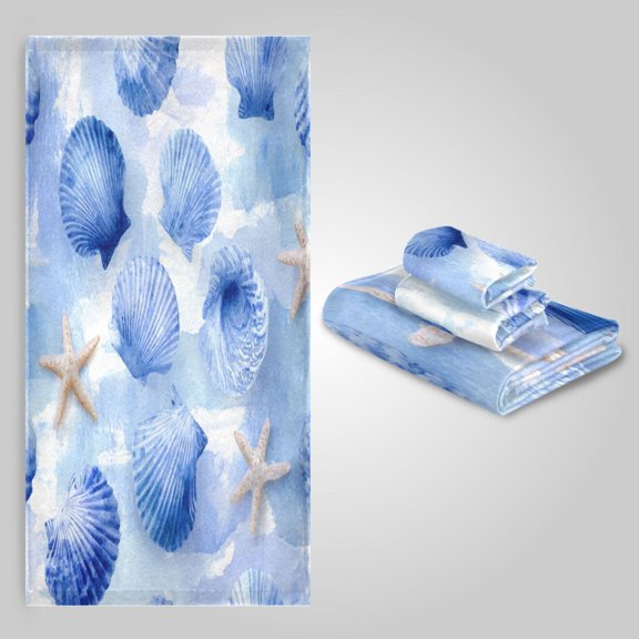 3 Sizes Towel Set - Bath Towel, Hand Towel & Washcloth for Daily Household Use Cerulean Seashells Pattern