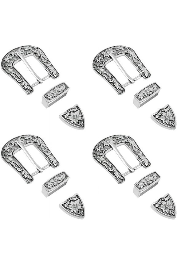 3 Sizes Western Floral Engraved Replacement Belt Buckle Set Antique Silver Belt Sets Hand Polished Cowboy Buckle Set with Keeper Loop Belt Tip Accessories for Leather Craft