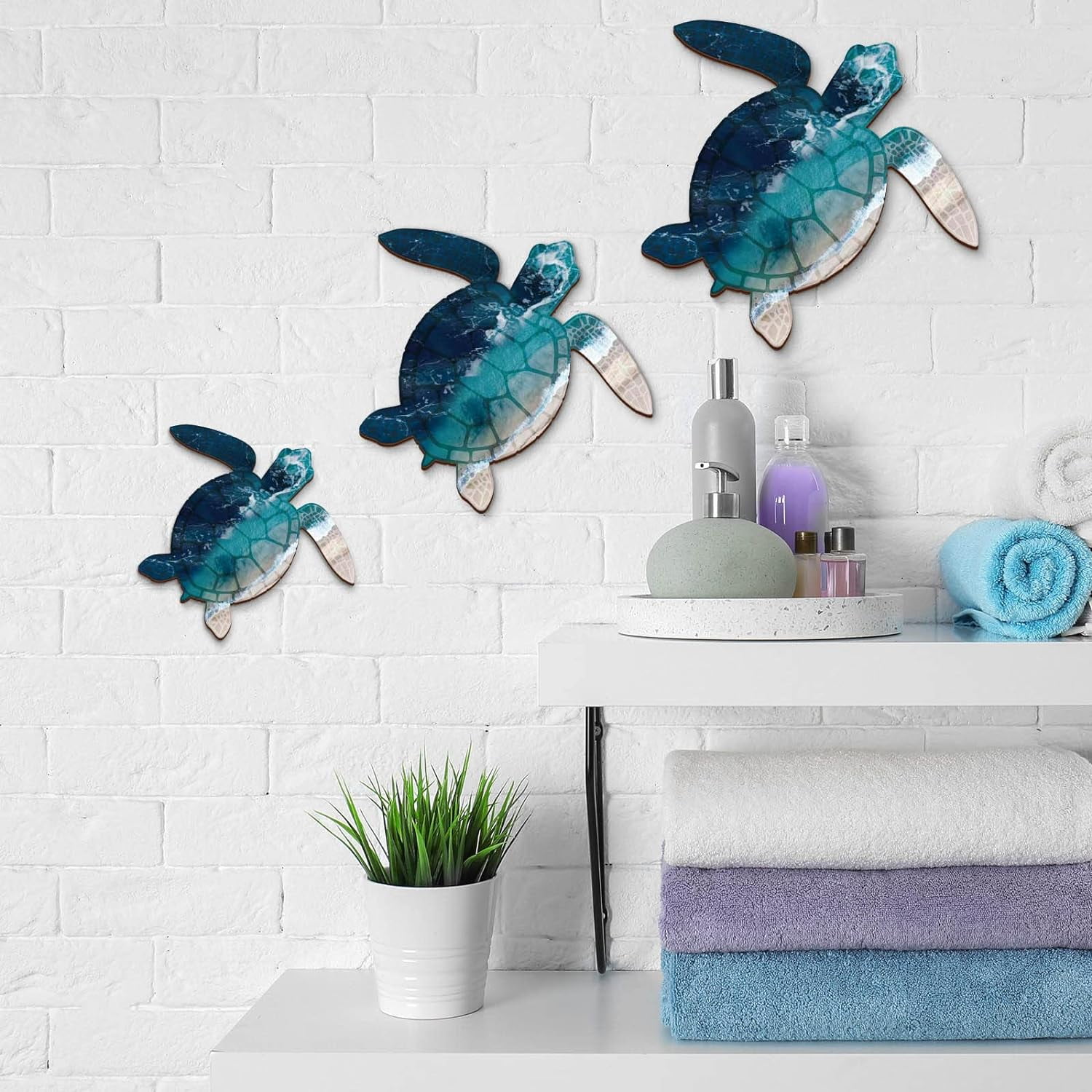 GlikCeil 3-Piece Wooden Sea Turtle Wall Art Set - Blue Ocean Beach Decor, Vintage Coastal Hanging Signs For Bathroom, Office