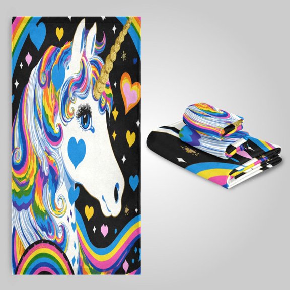 3 Sizes of Towel Sets Including Bath Towel Hand Towel and Washcloth for Daily Use 80s-inspired Unicorn