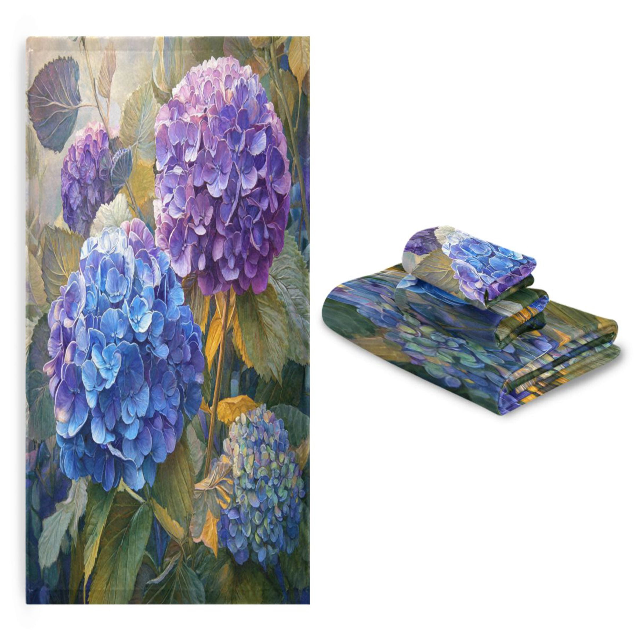 3 Sizes of Towel Sets Including Bath Towel Hand Towel and Washcloth for Daily Use Beautiful Painting Of Hydrangeas