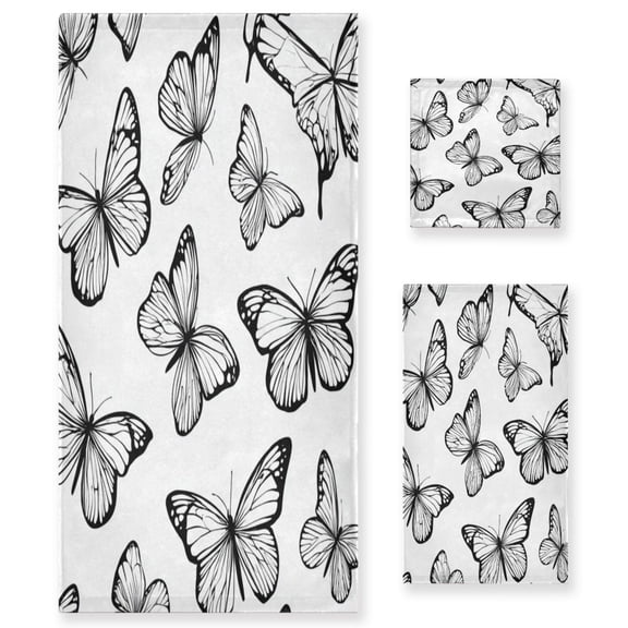 3 Sizes of Towel Sets Including Bath Towel Hand Towel and Washcloth for Daily Use Black and White Butterfly