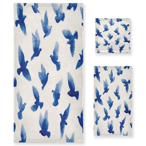 3 Sizes of Towel Sets Including Bath Towel Hand Towel and Washcloth for Daily Use Blue Birds in Flight