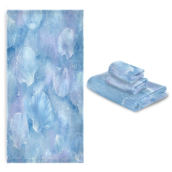 3 Sizes of Towel Sets Including Bath Towel Hand Towel and Washcloth for Daily Use Blue Sea Shell Pattern