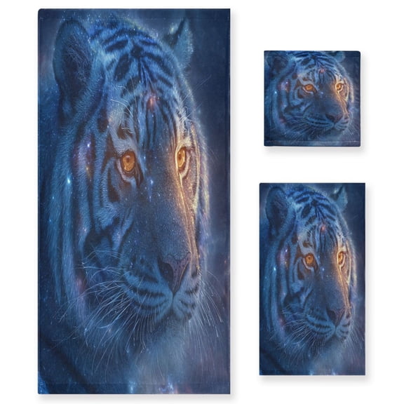 3 Sizes of Towel Sets Including Bath Towel Hand Towel and Washcloth for Daily Use Blue Tiger
