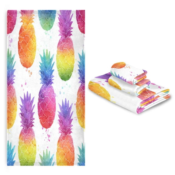 3 Sizes of Towel Sets Including Bath Towel Hand Towel and Washcloth for Daily Use Colorful Pineapple Pattern