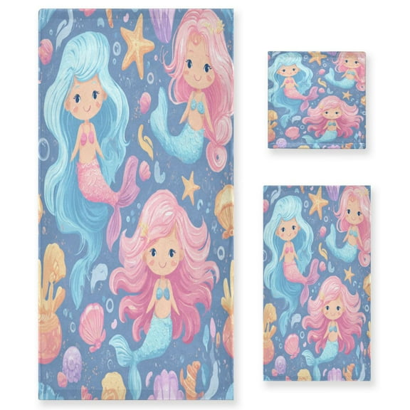 3 Sizes of Towel Sets Including Bath Towel Hand Towel and Washcloth for Daily Use Cute Little Mermaids