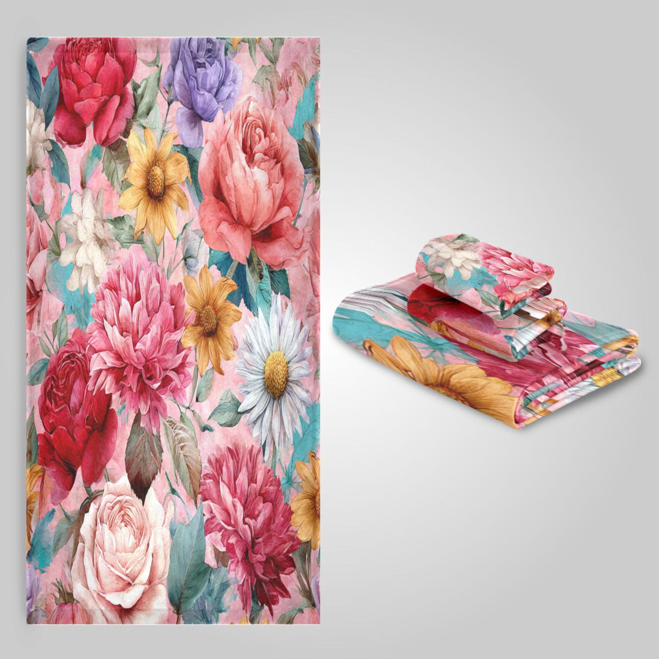 3 Sizes of Towel Sets Including Bath Towel Hand Towel and Washcloth for Daily Use Fantasy Art Floral Pattern
