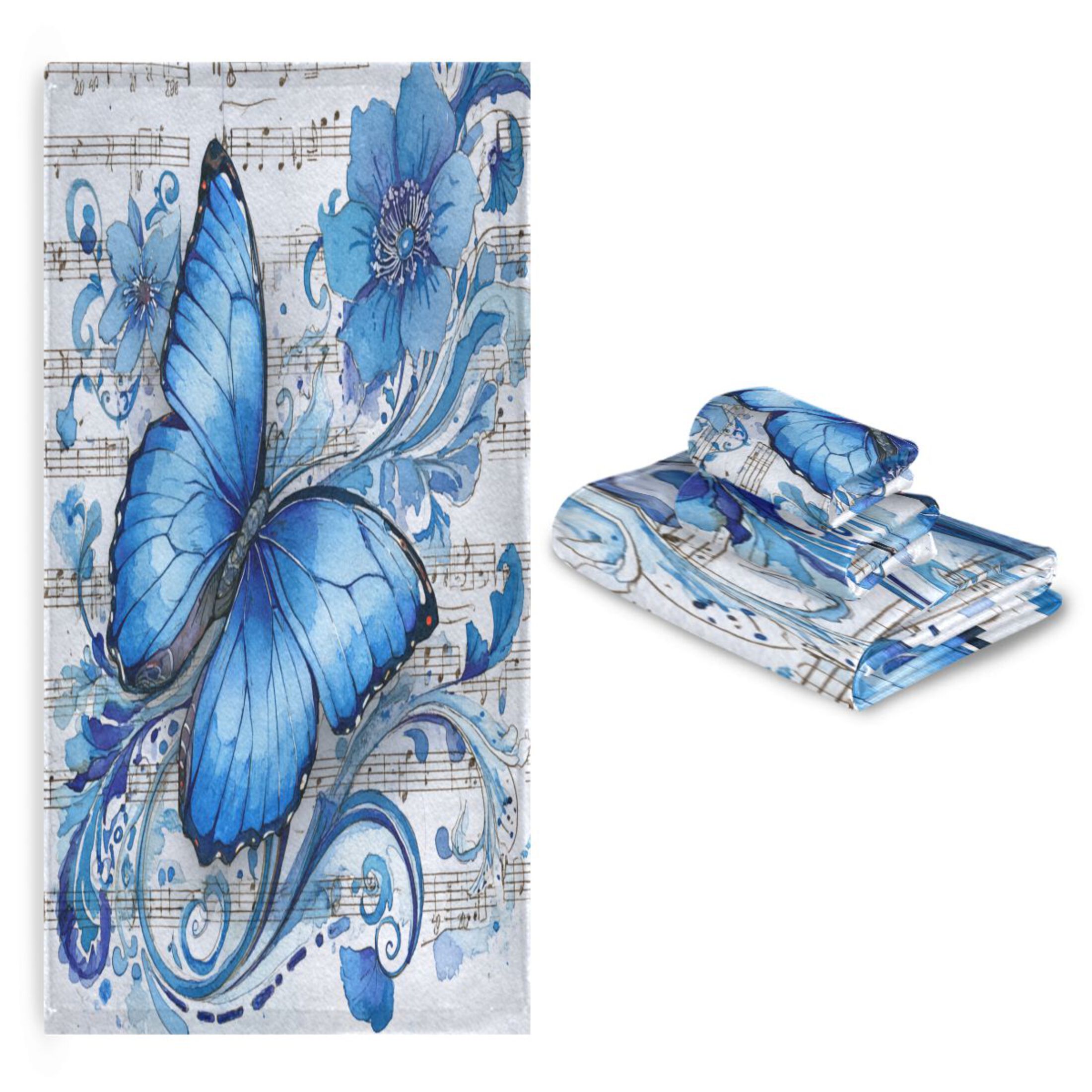 3 Sizes of Towel Sets Including Bath Towel Hand Towel and Washcloth for Daily Use Fantasy Butterfly on Sheet Music