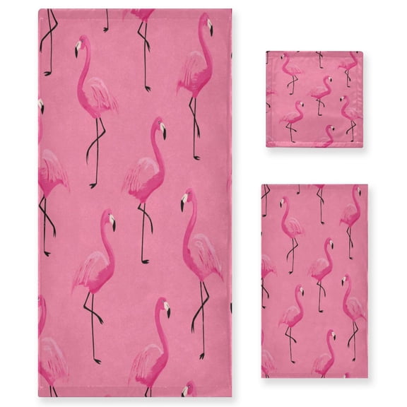 3 Sizes of Towel Sets Including Bath Towel Hand Towel and Washcloth for Daily Use Flock Of Cartoon Flamingos