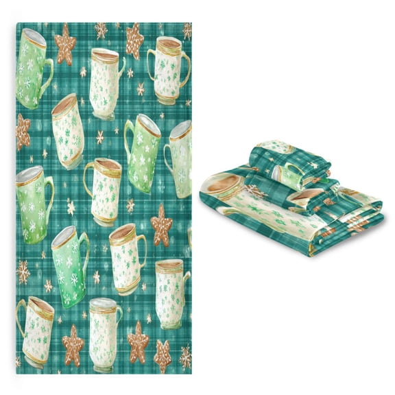3 Sizes of Towel Sets Including Bath Towel Hand Towel and Washcloth for Daily Use Green Coffee Cups and Snowflakes