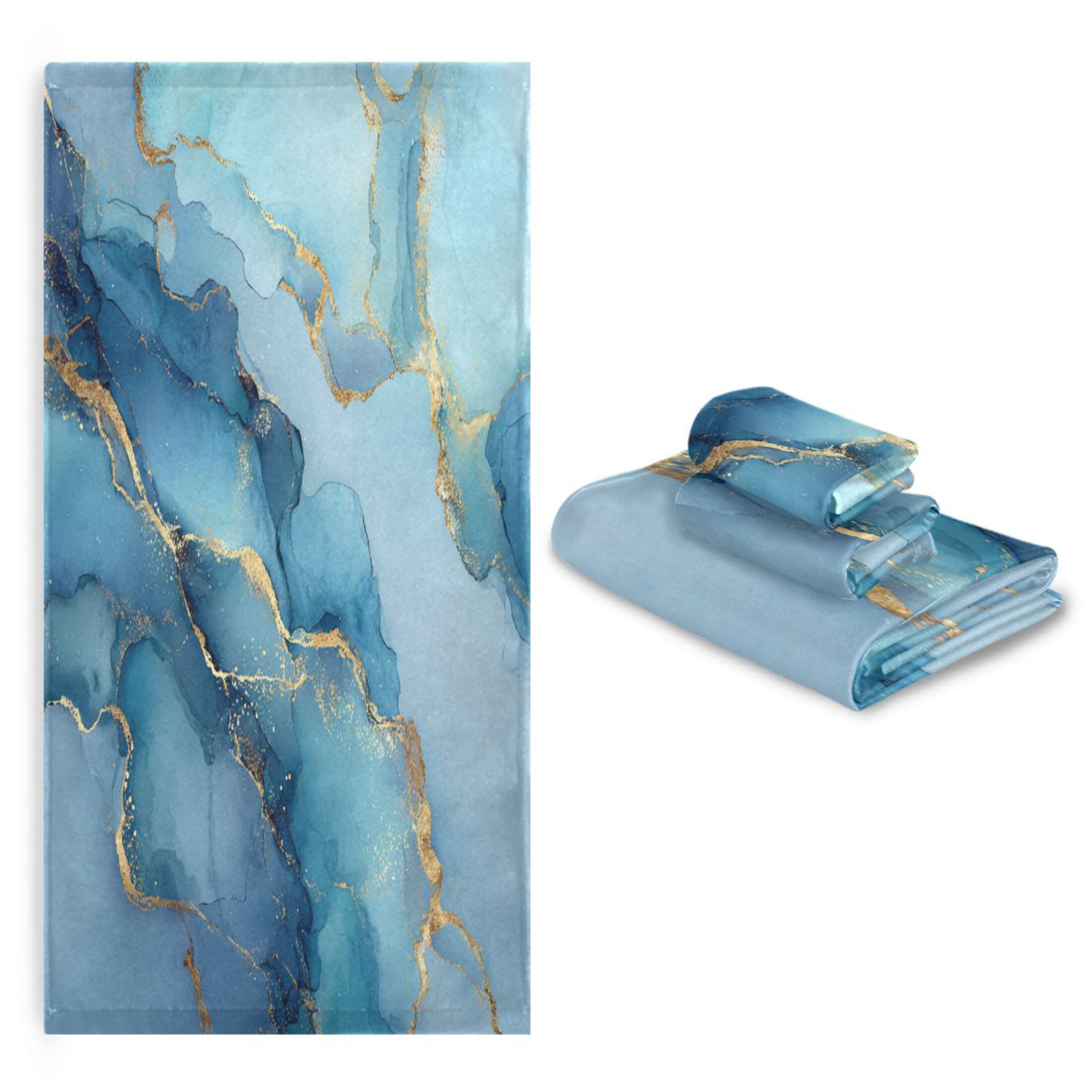 3 Sizes of Towel Sets Including Bath Towel Hand Towel and Washcloth for Daily Use Light Blue Gold Marble Pattern