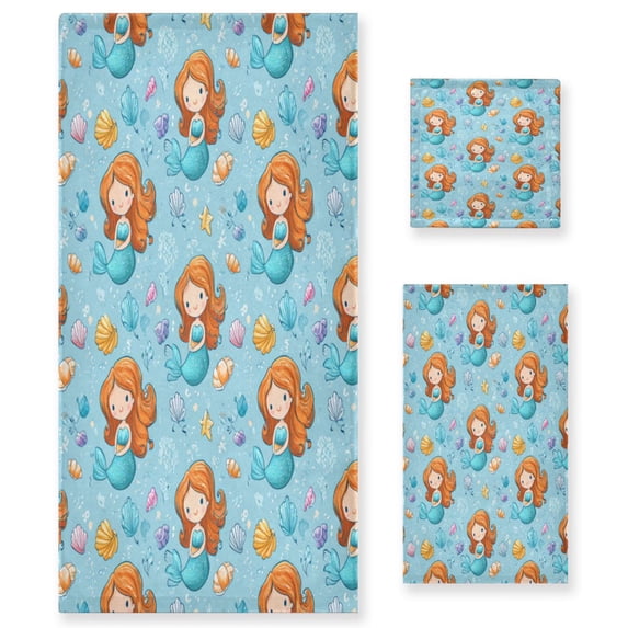 3 Sizes of Towel Sets Including Bath Towel Hand Towel and Washcloth for Daily Use Little Mermaids and Seashells