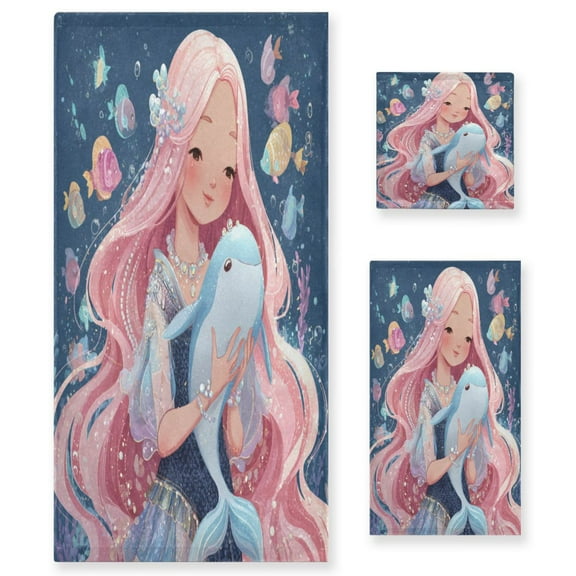 3 Sizes of Towel Sets Including Bath Towel Hand Towel and Washcloth for Daily Use Mermaid Princess