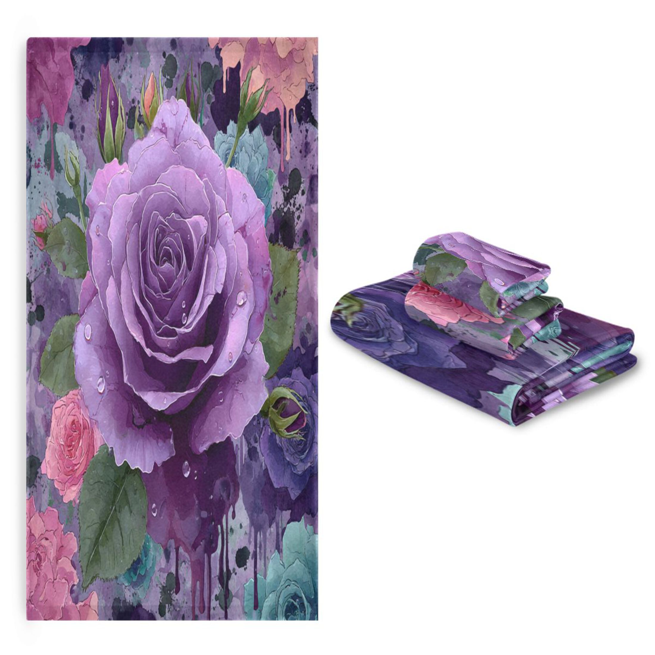 3 Sizes of Towel Sets Including Bath Towel Hand Towel and Washcloth for Daily Use Purple Rose Gradient Painting