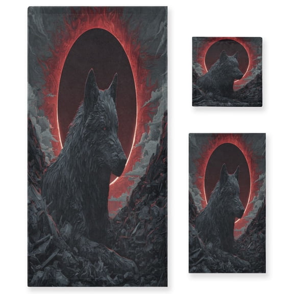 3 Sizes of Towel Sets Including Bath Towel Hand Towel and Washcloth for Daily Use Red Sun Lone Wolf