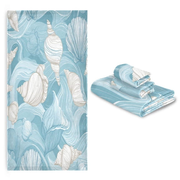 3 Sizes of Towel Sets Including Bath Towel Hand Towel and Washcloth for Daily Use Seashells and Sea Waves Pattern