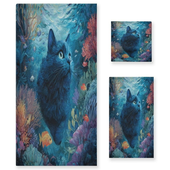 3 Sizes of Towel Sets Including Bath Towel Hand Towel and Washcloth for Daily Use Swimming Cat