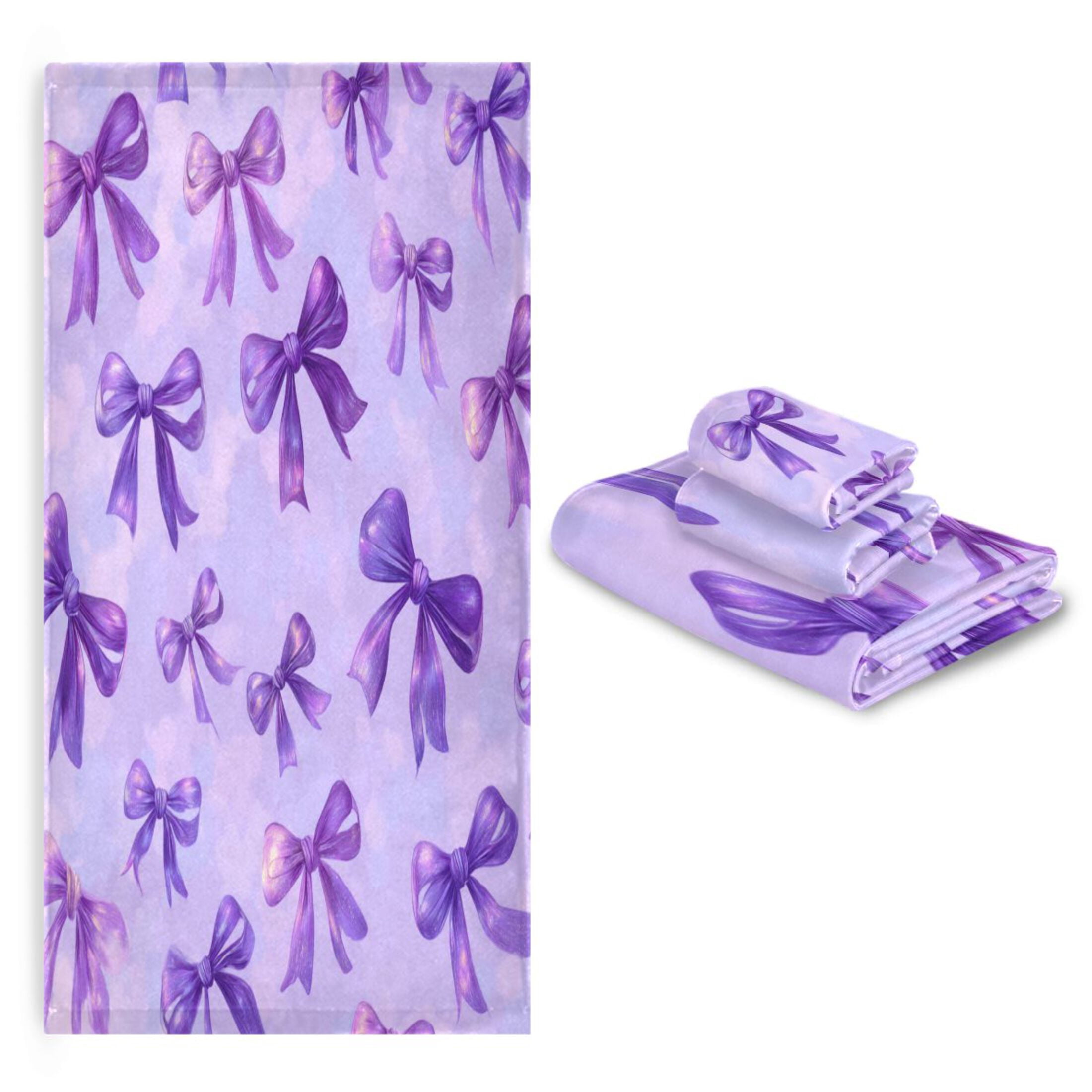 3 Sizes of Towel Sets Including Bath Towel Hand Towel and Washcloth for Daily Use Vibrant Purple Bows Pattern
