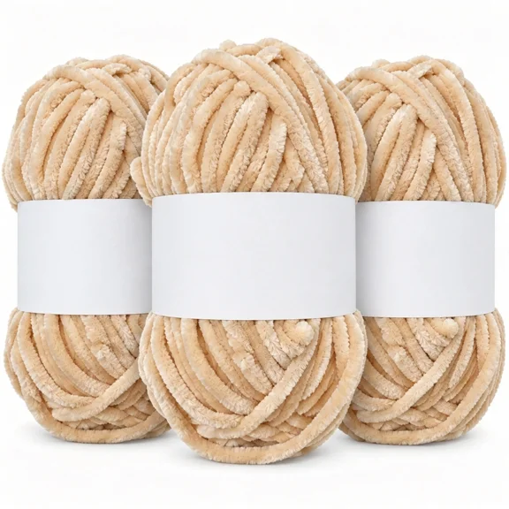 3 Skeins Soft Fluffy Velvet Yarn, Chenille Chunky Yarn for Hand Knitting and Crocheting DIY Craft, Amigurumi Crochet Yarn(3×82yds, 3×3.5oz) (Beige)