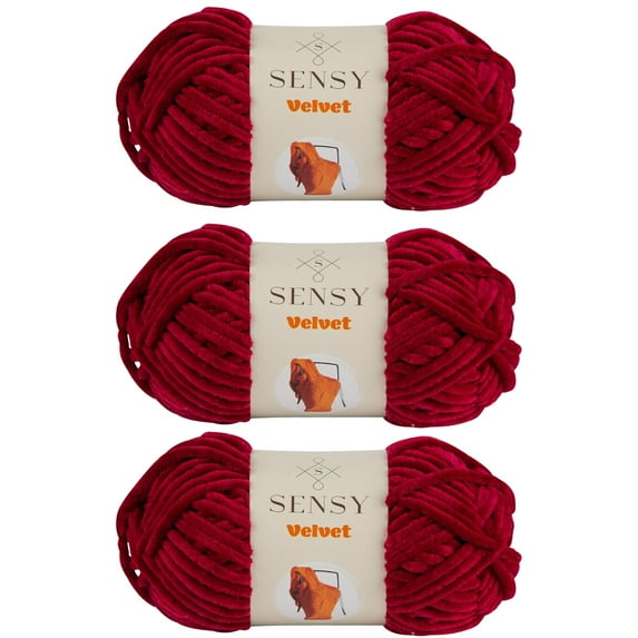 3 Skeins of Sensy Velvet Yarn for Crocheting, Baby Blanket Yarn, Chenille Yarn, Amigurumi Yarn, 3.5 oz, 132 Yards, Gauge 5 Bulky (Cherry Red)