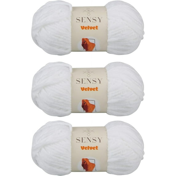 3 Skeins of Sensy Velvet Yarn for Crocheting, Baby Blanket Yarn, Chenille Yarn, Amigurumi Yarn, 3.5 oz, 132 Yards, Gauge 5 Bulky (White)