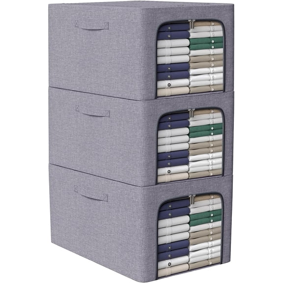 3 Slim Clothes Storage Bins for Shelf, Foldable Fabric Clothes Storage Box with Metal Frame,Clothing Storage Bins with Lid,Zippers,Durable Handles (Grey,56L)