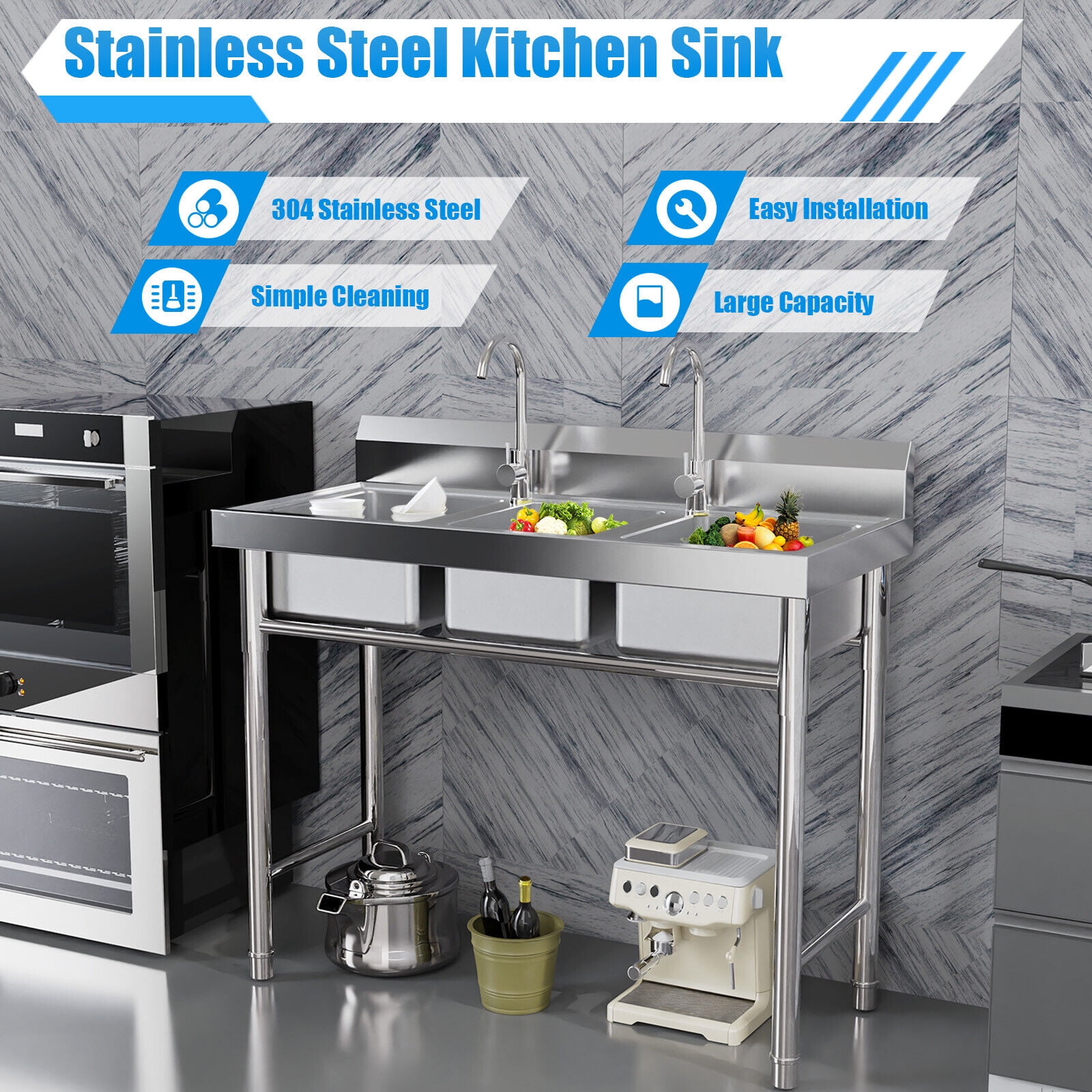 3-Slot Kitchen Sink with 2 Faucets, Stainless Steel Catering Prep Table ...