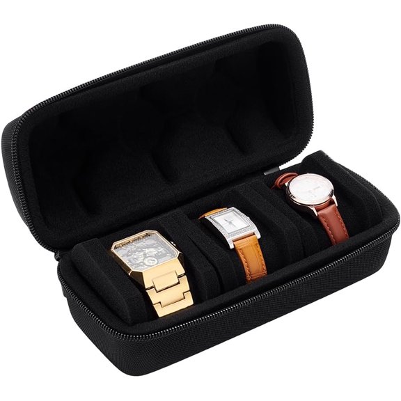 3 Slot Watch Case for Travel And Storage Watch Roll Case Watch Carrying Case Black Watch Box Portable Zipper Storage Organizer Box with Anti Move Watch Pillow for Men and Women