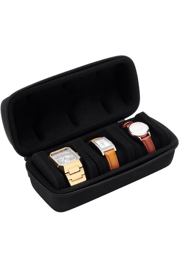 3 Slot Watch Case for Travel And Storage Watch Roll Case Watch Carrying Case Black Watch Box Portable Zipper Storage Organizer Box with Anti Move Watch Pillow for Men and Women