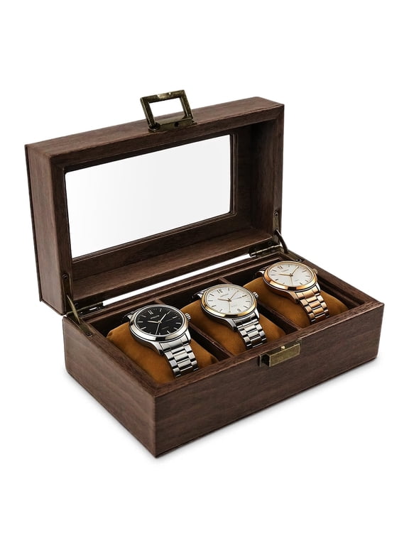 3 Slot Wooden Watch Box with Glass Lid - Espresso Watch Display Case with Pillows for Watch Storage and Protection