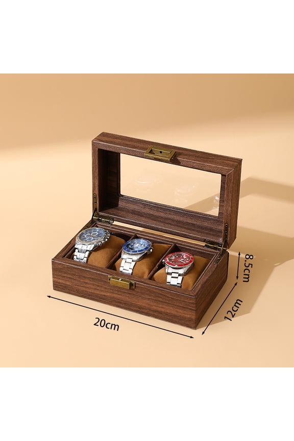 3 Slot Wooden Watch Box with Glass Lid - Espresso Watch Display Case with Pillows for Watch Storage and Protection