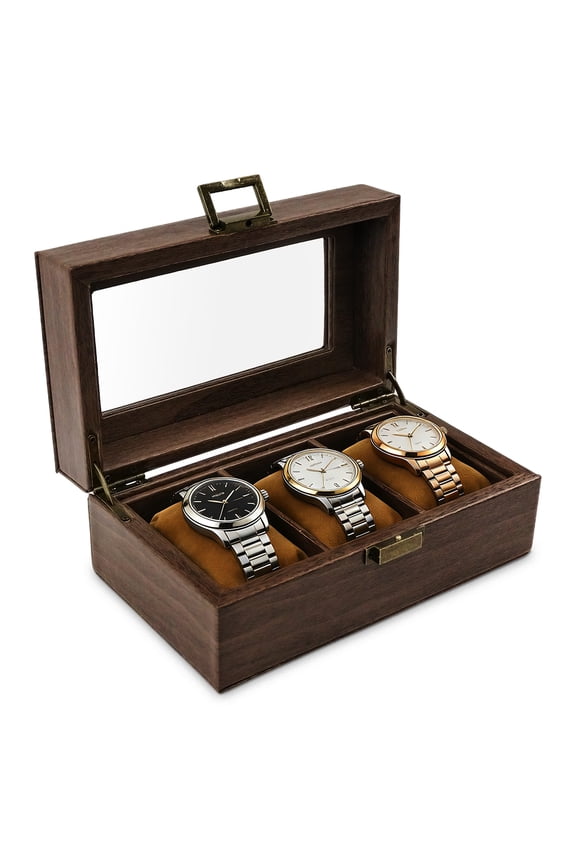3 Slot Wooden Watch Box with Glass Lid - Espresso Watch Display Case with Pillows for Watch Storage and Protection