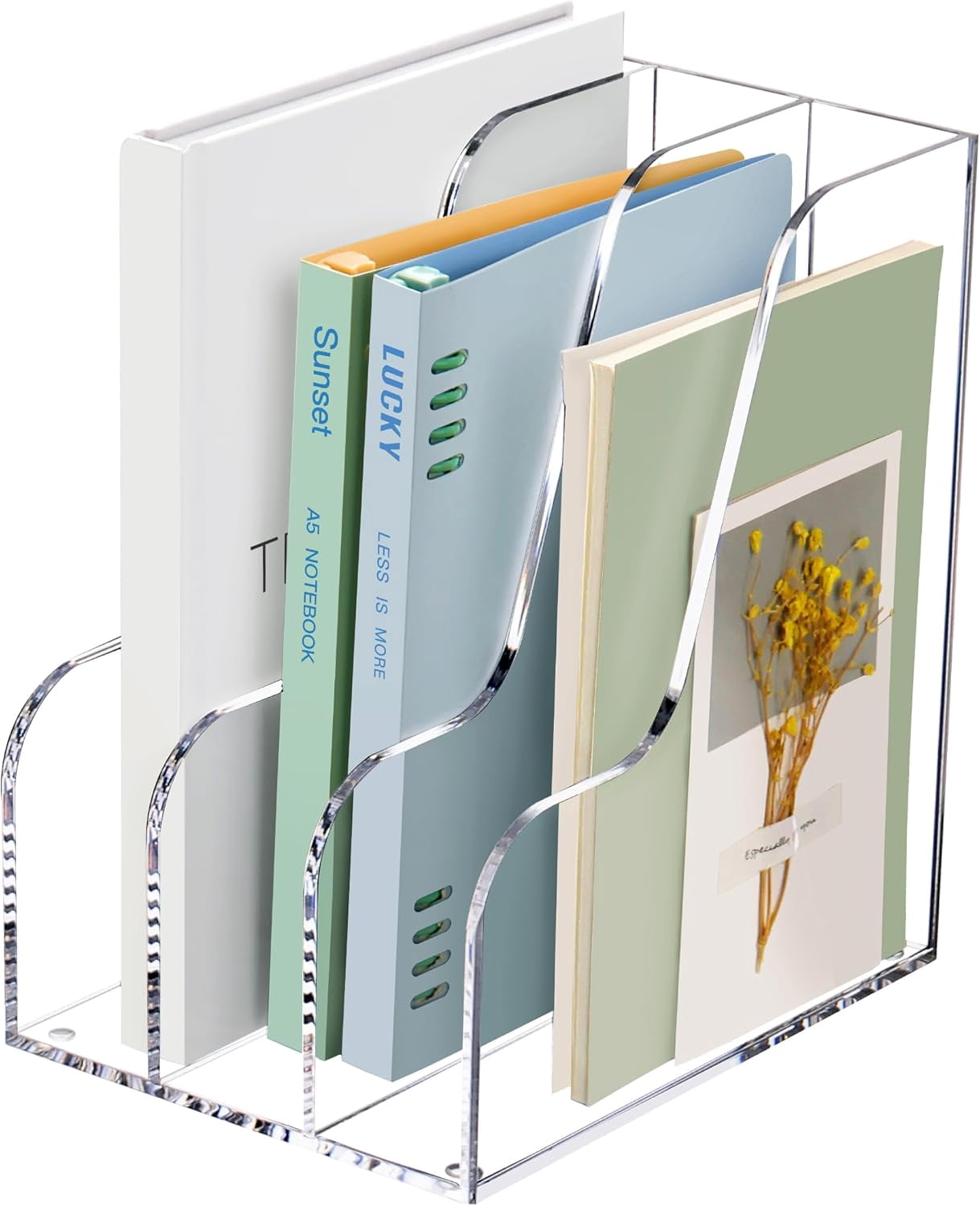 3 Slots Acrylic Magazine Holder, Desktop File Sorter Organizer Rack Bookshelf, Workspace Sorters Office Desk Accessories Organization Storage Stand, Clear