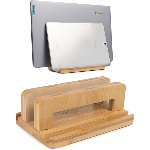 3 Slots Bamboo Wood Vertical Laptop Stand, Adjustable Wooden Laptop Holder, Non-Slip Laptop Dock Compatible with Apple MacBook, Microsoft Surface, Gaming Laptops, IPad, Tablets